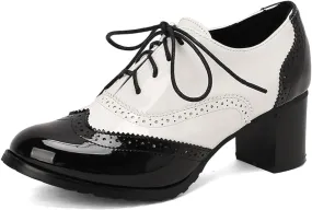 Womens Vintage Oxfords Shoes Chunky High Heels Lace Up Wingtip Two Tone Perforated Saddle Pumps Shoes