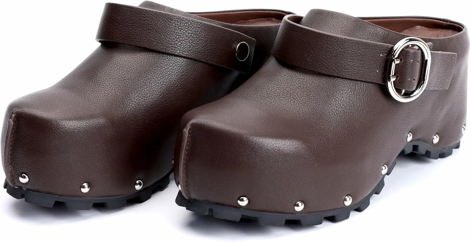 XOBZJH Women's Long Calf Hair Platform Clogs with Wool Lined Slip On Mules & Clogs Adjustable Leather Ankle Strap with Buckle Fur Shoes