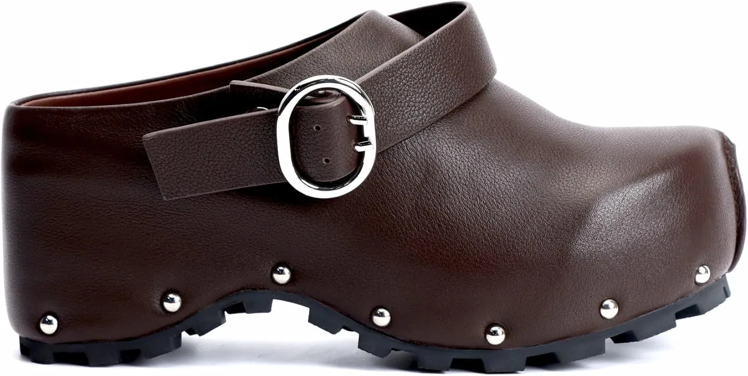 XOBZJH Women's Long Calf Hair Platform Clogs with Wool Lined Slip On Mules & Clogs Adjustable Leather Ankle Strap with Buckle Fur Shoes