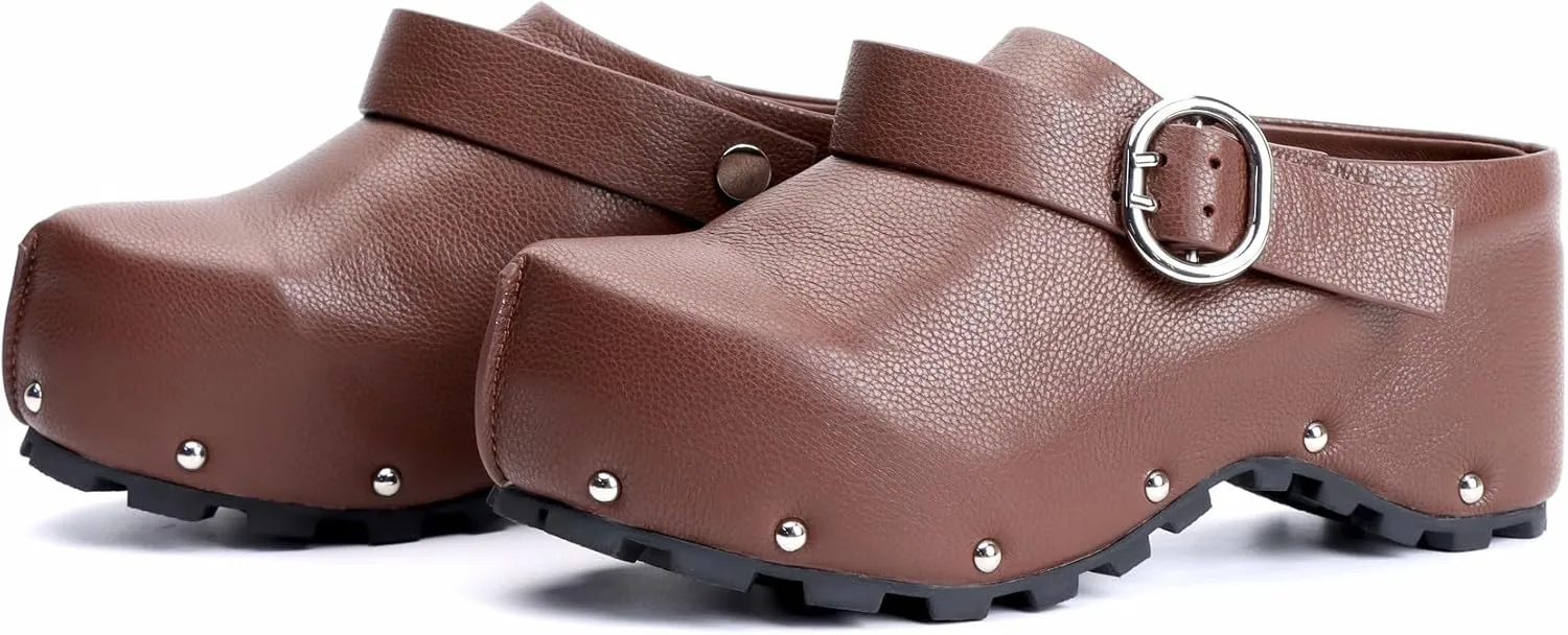 XOBZJH Women's Long Calf Hair Platform Clogs with Wool Lined Slip On Mules & Clogs Adjustable Leather Ankle Strap with Buckle Fur Shoes